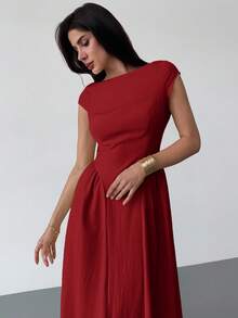 Firerie 女士优雅日常时尚新款度假喇叭腰 A 字中长连衣裙，黄色 - 酒紅色 - 查看 5