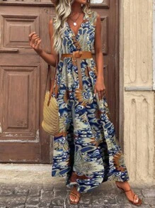 EMERY ROSE V 领裹身式全印花背心裙长款女装