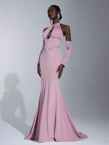 Elitara Elegant Woven Halter Off-Shoulder Mermaid Hem Zipper Dress, Suitable For Evening Parties, Business Events, Afternoon Tea, Birthday Celebrations, Holidays, Weddings, And Other Formal Occasions - Coral Pink - View 6