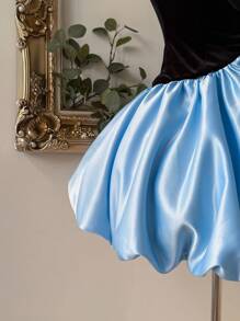 SHEIN Belle Elegant, Romantic, Black & Blue Satin Strapless Tube Bow Decor Dress, Birthday Party Prom Wedding Guest Dress