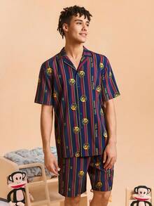 Paul Frank X SHEIN Men's Color Block Striped & Cartoon Pattern Button Front Short Sleeve Top And Shorts Loungewear Set - Multicolor - View 6