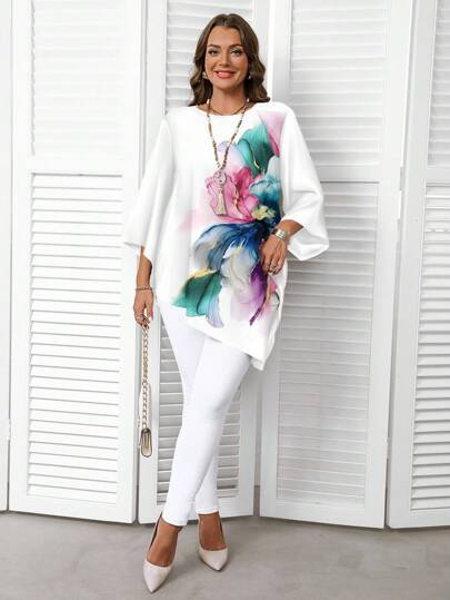 EMERY ROSE Watercolor Floral Print Casual Loose Fit Plus Size Shirt, Spring/,Teacher Shirts,Fall Clothes For Women Chic Blouses For Women,Flower/Summer/Vacation