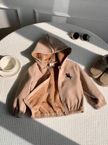 SHEIN 男女通用婴儿休闲连帽羊毛外套，卡其色，适合男婴和女婴，秋冬季