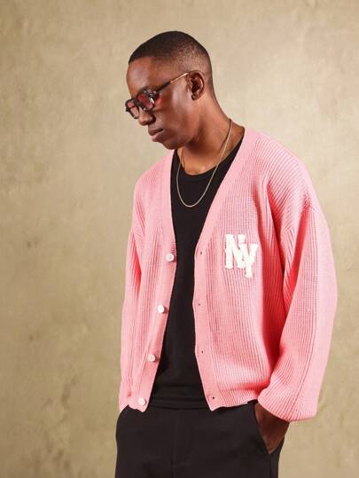 SUMWON Strickjacke im Varsity-Stil mit Knopfverschluss, NY Logo Patch, geripptem Muster, klassisch kollegial für Herbst und Winter, Buchstaben Patch, Langarm Pullover
