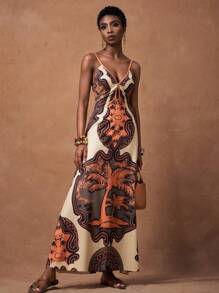 Zivah 春夏新款音乐节、复活节、西部、游牧风格连衣裙，适合生日派对、毕业典礼、学生休闲装、日常出游、度假、邮轮旅行、海滩、日光浴、网红风、极简休闲无袖V领印花长裙，大地色系 - 棕色 - 查看 5