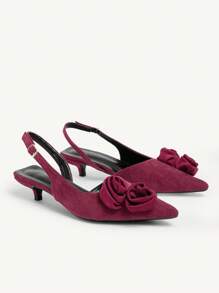 CUCCOO CHICEST Women's Elegant Romantic Suede-Like Pointed Toe Kitten Heel Pumps, Wine Red Floral Rose Design, Suitable For Formal Occasions, Weddings, Parties, Holidays - Burgundy - View 1