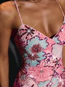 SHEIN BAE 秋季纯粉色纹理刺绣亮片迷你露背性感连衣裙、度假连衣裙、花卉刺绣连衣裙、优雅淑女连衣裙、沙滩裙、音乐节连衣裙、生日连衣裙、派对连衣裙、鸡尾酒会连衣裙、宴会连衣裙