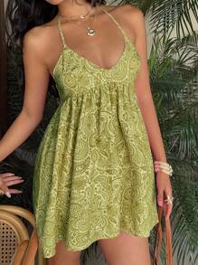 Sunnyshic Paisley Print Deep V-Neck Mini Dress - Dark Green - View 4