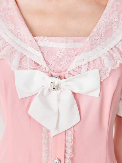 EDITION Women's Hime Gyaru Cute Schoolgirl Princess Outfit, Lace Patchwork Peter Pan Collar Bow Shorts 2 Pieces Set