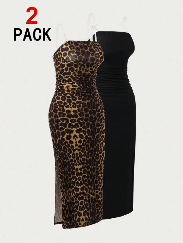 2 Stück/Set Leoparden-Muster & einfarbiges Kleid mit Schlitz, eng anliegendes Partykleid für Teenager