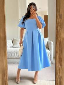 Flirla Plus Size Women's French Style Elegant Minimalist Commuting Office Business Casual Holiday Afternoon Tea Party Solid Color Square Collar Ruffle Hem Puff Sleeve Short Sleeve Dress