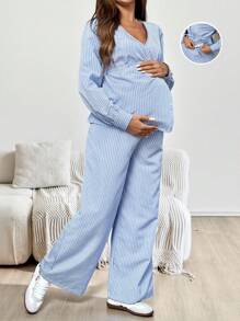 SHEIN 2件套孕妇条纹衬衫和可调节腰围阔腿裤 - 藍白色 - 查看 9