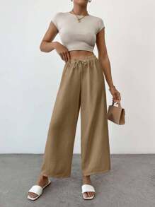 EURMUSE Pantaloni casual da donna in cotone di taglia piccola, con nodo, monocolore - Moka Marrone - Visualizzare 4