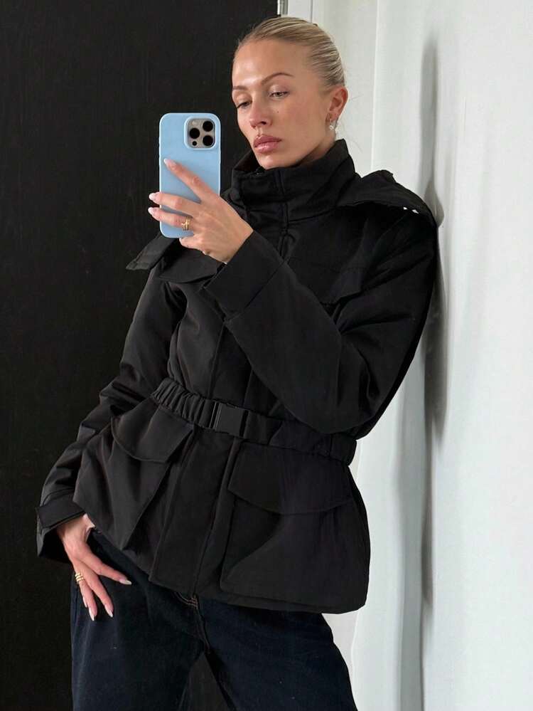 Women's Hooded Belted Jacket, Winter Black Puffer Jacket Women Winter Jacket Women Hooded Jacket Black Parka Jacket Black Belted Jacket Women Women Coats