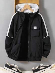 SHEIN 青少年男童休闲拼色连帽拉链夹克，通勤、上学、日常休闲、旅行、户外、派对等各种场合皆宜，适合秋冬季 - 彩色 - 查看 2