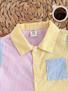 Baby Boy Color Block Short Sleeve Polo Shirt With Fine Stripes Decoration And Patch Pocket, Front Button Placket, Shorts Two Pieces Set - Multicolor - View 3