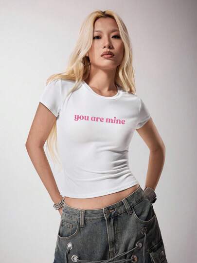 Shutterstock Pink Slogan Graphic Women's Casual Round Neck Short Sleeve T-Shirt Suitable For Going Out