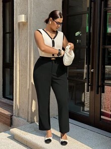 Dripcurv 大码女式纯色锥形九分裤，适合休闲工作 - 黑色 - 查看 5