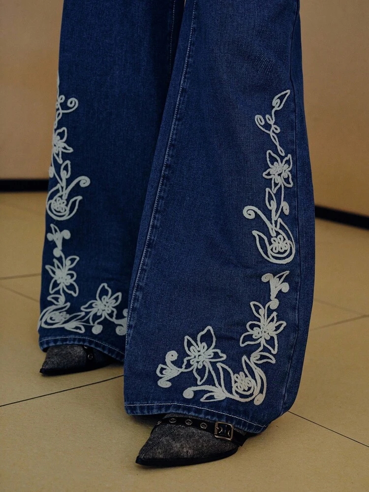 FLORAL EMBROIDERY WIDE LEG JEANS