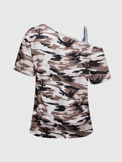 Grunge Punk T-shirt ample femme 2 en 1 avec impression texturée d'aile punk sombre, décoration de strass et épaule oblique