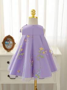 Glamorique Kids Purple Floral Summer Elegant Wedding Guest Girls Sleeveless Satin Princess Dress,Birthday Party Gown With Bow Decor & Embroidered Hem For Recital - Purple - View 2