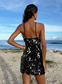 Opulessa 女式纯色串珠刺绣吊带紧身迷你连衣裙 - 黑色 - 查看 2