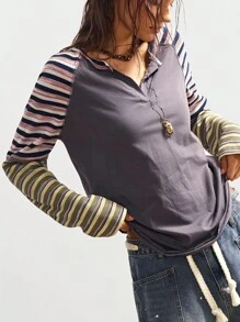 Bohemela 秋冬波西米亚风休闲针织拼布条纹V领长袖宽松女式T恤 - 深灰色 - 查看 3