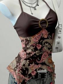 SHEIN EZwear 女式休闲复古褶皱胸围不对称下摆露背吊带背心，适合夏季、Y2K、复古、佩斯利印花 - 彩色 - 查看 5