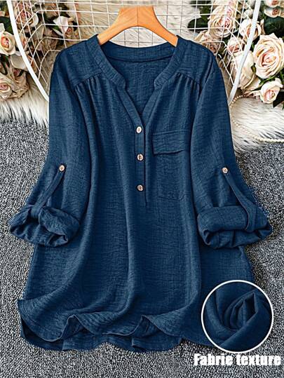 Rometta Plus Size V-Neck Solid Color Casual Roll Up Sleeve Shirt With Pockets, Stand Collar Half Placket Button Decor Blouse Fall Cloth For Women