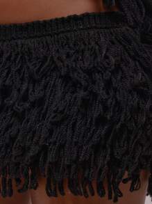 MUSERA Fringe Knit Micro Mini Skirt Low Rise Summer Sexy Festival Holiday Ibiza Rave Boho Vacation Escapade Chic Spring - Black - View 6