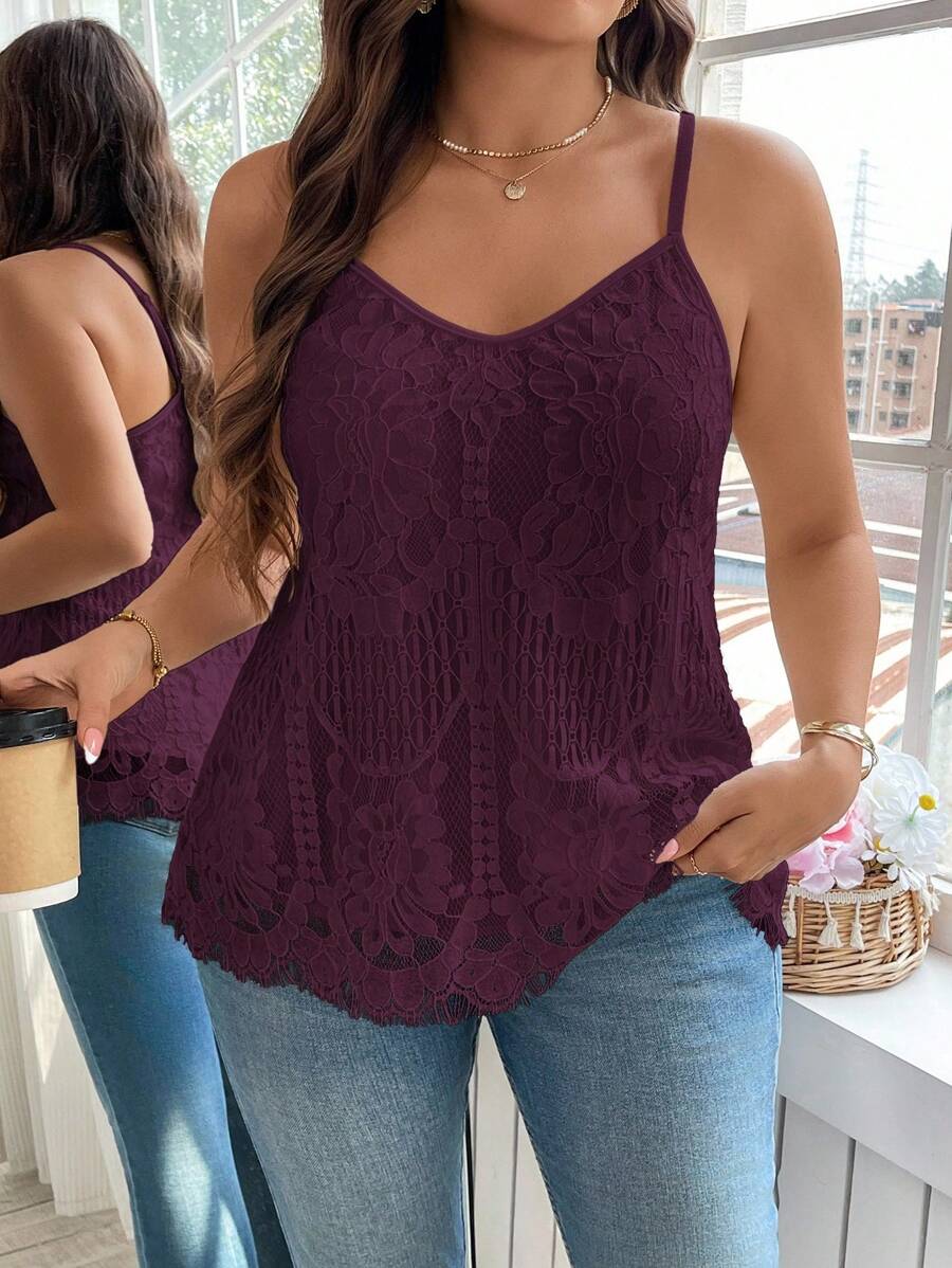 Reflora Plus Size Summer Casual Solid Color Lace Camisole Lace Tank Top - Maroon - View 1