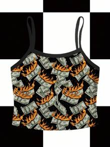 Shutterstock Regata Feminina de Alça Fina com Estampa de Dinheiro, Design Criativo de Moda de Verão, Parte Superior Estampada com Dinheiro, Roupa Y2K, Parte Superior Feminina Y2K, Tops de Verão Y2K, Adequado para Sair - Preto - Visão 4