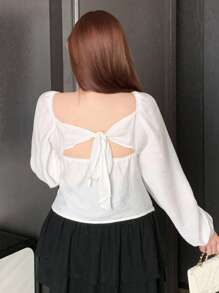 Dazy Plus Áo kiểu nữ cỡ lớn màu trơn, cổ bẻ, tay phồng, lưng hở, nơ, tay dài, màu trắng, thích hợp cho kỳ nghỉ. - trắng - Xem 2