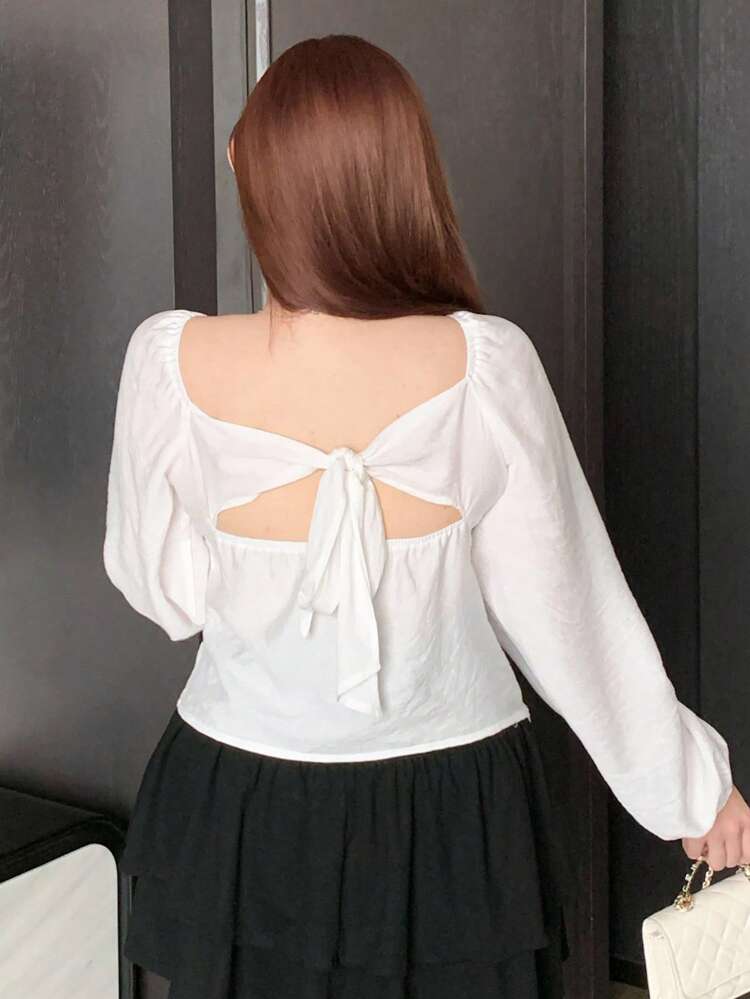 Dazy Plus Plus Size Women's Solid Color Transformable Collar Lantern Sleeve Backless Bowknot Long Sleeve White Blouse Vacation