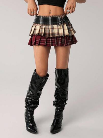 SHEIN ICON Women's Bow Decor Multi-Layer Plaid Patchwork Ultra-Low Waist Plaid Skirts Plaid Mini Skirt Back-To-School School Work Burgundy Autumn Y2k 2000s