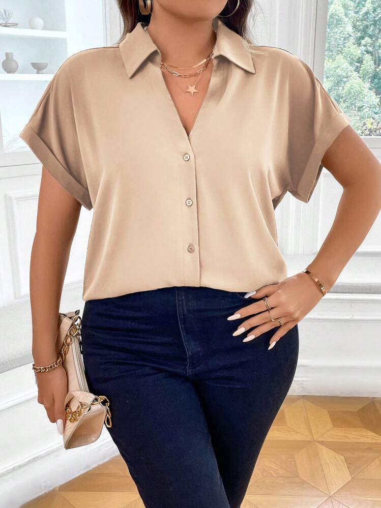 Vionelle Casual Versatile Solid Color Plus Size Women Short Sleeve Blouse - Khaki - View 3