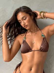 Aloruh 女士优雅性感复古纯绿色闪亮面料混色随机串珠装饰吊带比基尼上衣，女士泳装，女士沙滩装，女士假日装 - 棕色 - 查看 5