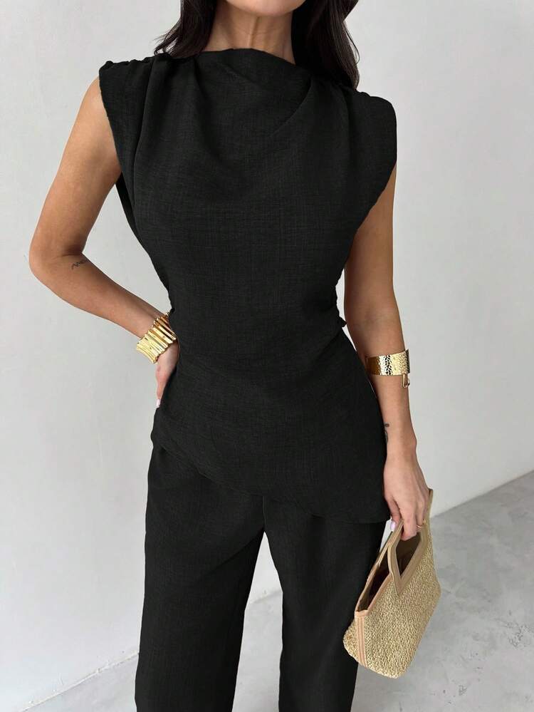 Firerie 卡其色简约优雅休闲通勤办公室服装：无袖不对称褶皱腰女式衬衫 + 常规褶皱阔腿女式裤子、亚麻通勤套装、女士沙滩装、机场装、度假装、教师装 - 黑色 - 查看 3