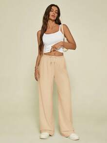 SHEIN Tall 女夏季运动裤基础款休闲杏色裤子女阔腿裤阔腿运动裤宽松裤子舒适裤子女宽松裤子女裤子阔腿夏季裤子 - 卡其色 - 查看 7