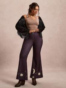 SHEIN VCAY Plus Size Dark Purple Crescent Moon & Sun Print Flare Pants,Autumn Rock And Roll Rave Boho Bell Bottoms Western Wear Women Casual Celestial Jeans - Black - View 4