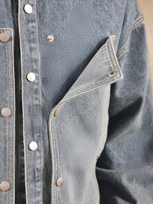 SUMWON Áo khoác denim Carpenter Trucker có túi vá phía trước, dáng rộng, cổ điển, thời trang đường phố, nhẹ, phong cách xuân thu - Màu xanh lam - Xem 5