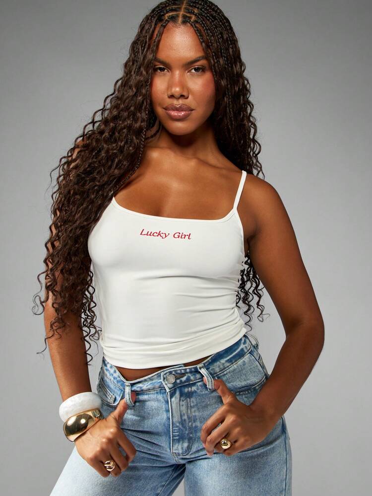 MISSGUIDED Casual Tank Top 3 Packs Lucky Girl Print Spaghetti Strap Camisole Basic Layering Knit Slim Fit Essential Summer Crop Top Multicolor Pack