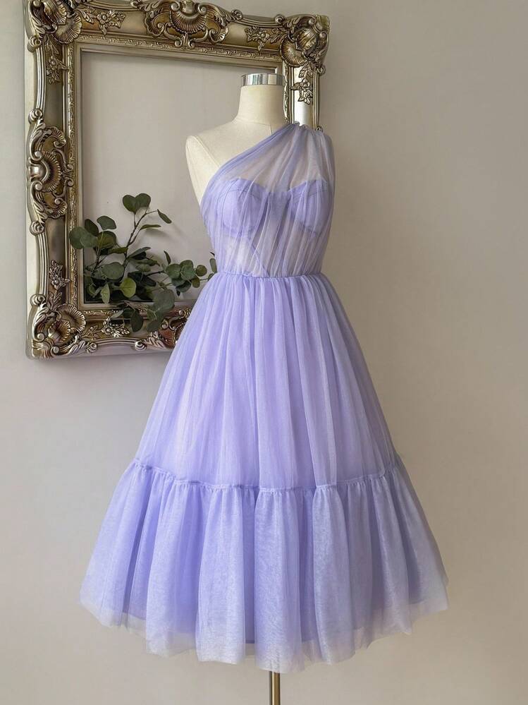 Lovelzi Elegant Purple Mesh Asymmetrical One Shoulder Princess Dress, Pleated Oversized Long Skirt For Birthday Party,Wedding Guest,Prom & Vacation