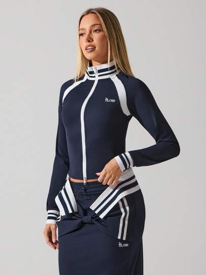 Menodora SHEIN Sport 女式撞色条纹立领修身轻便秋冬夹克