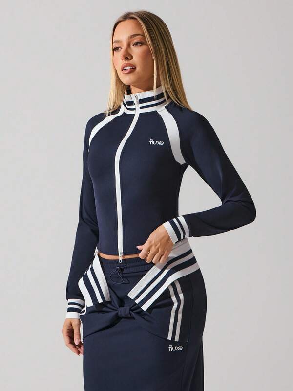 Menodora SHEIN Sport Women's Contrast Stripe Stand Collar Slim Fit Lightweight Jacket In Fall/Winter