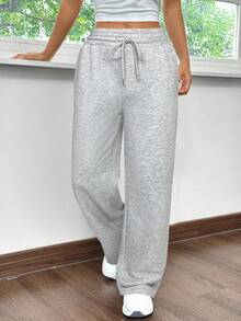 SHEIN EZwear 女士休闲宽松直筒运动裤，灰色 - 淺灰色 - 查看 4