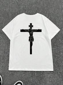 Manfinity Dauomo Camiseta suelta de cuello redondo con hombros caídos para hombres Manfinity Dauomo, casual con estampado de letra personalizada y patrón artístico de manga corta