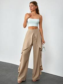 EURMUSE Quần dài cạp cao có khóa kéo, xếp nếp, dáng rộng thoải mái/thanh lịch cho kỳ nghỉ hè - Màu be - Xem 1