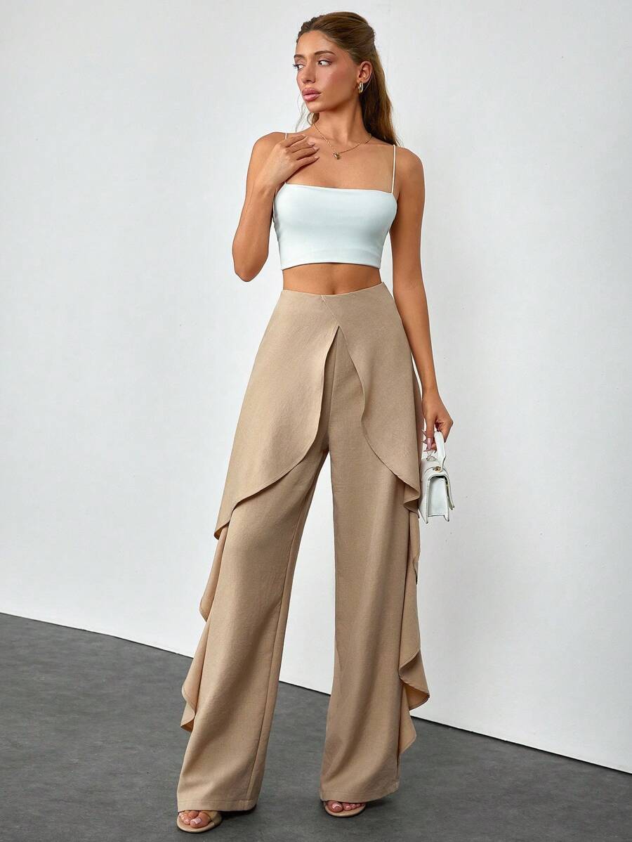 EURMUSE Quần dài cạp cao có khóa kéo, xếp nếp, dáng rộng thoải mái/thanh lịch cho kỳ nghỉ hè - Màu be - Xem 1