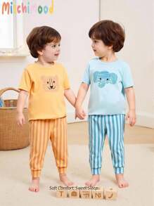 4pcs Toddler Boys' Cartoon Elephant & Tiger Print Short Sleeve Snug Fit Pajamas Set,Blue And Yellow Striped,Summer,Cute,Night Comfortable Homewear - Multicolor - View 3